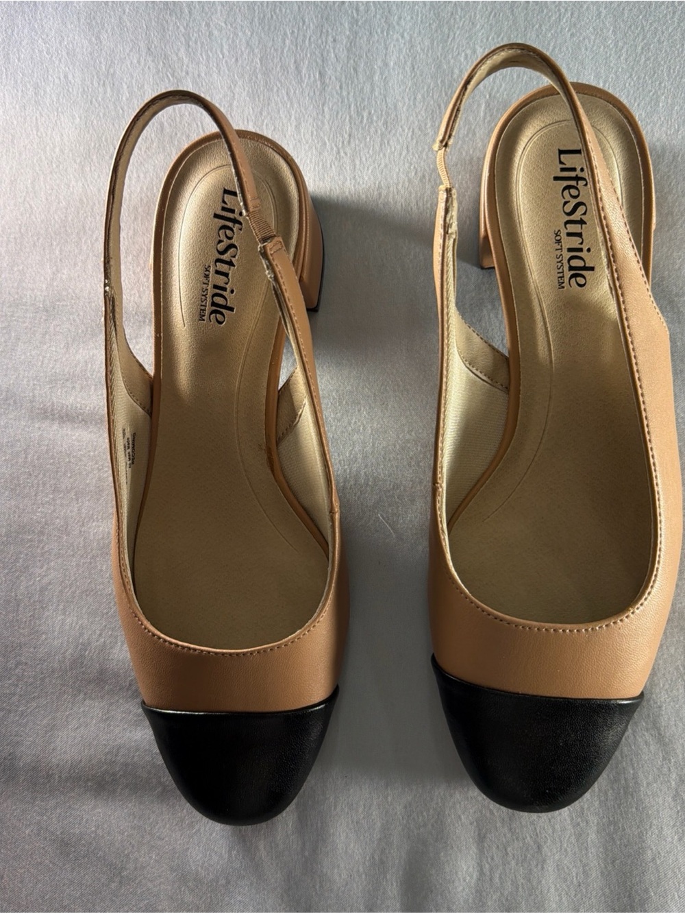 Life Stride Two-Tone Slingback Block Heel Pumps in Tan and Black